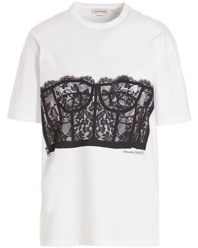 Alexander McQueen White Black Corset-print Cotton-jersey T-shirt