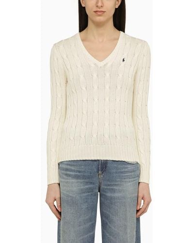 Polo Ralph Lauren Cream Coloured Cotton Cable Knit Sweater With Logo - White