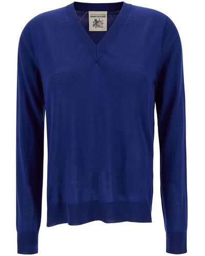 Semicouture 'nikita' Blue Pullover With V Neckline And Ribbed Trim In Wool Woman