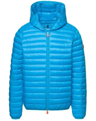 Save The Duck Hooded Puffer Jacket With Zip Fastening And Logo - Blue