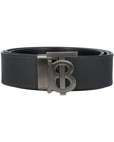 Burberry Check And Leather Reversible Tb Belt - Black