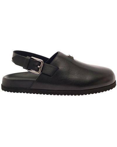 Dolce & Gabbana Black Clogs With Buclkle And Logo Plaque In Smooth Leather Man