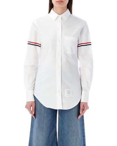 Thom Browne Stripe Oxford Armband Classic Round Collar Shirt - White