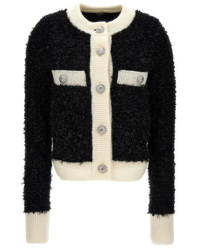 Balmain Furry Tweed Cardigan Sweater, Cardigans - Black