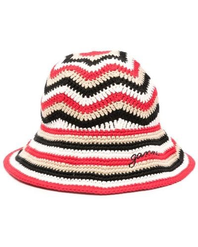 Ganni Organic Cotton Crochet Bucket Hat - Red