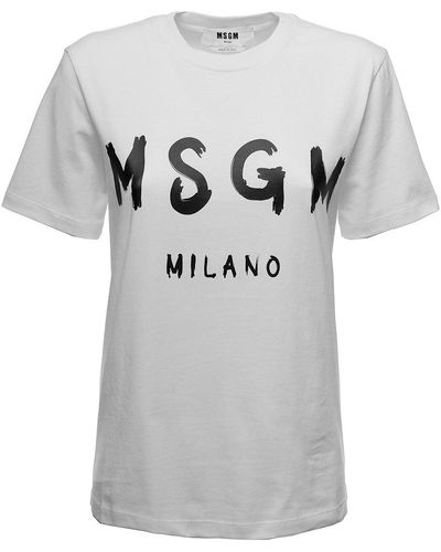 MSGM White Jersey T-shirt With Logo Print - Gray