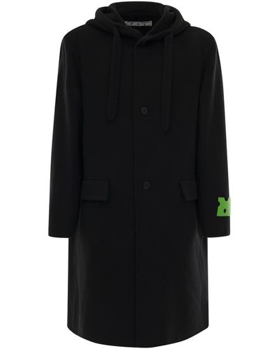 Off-White c/o Virgil Abloh Hooded Coat With Contrasting Brand Tag Detail In Cashmere - Black