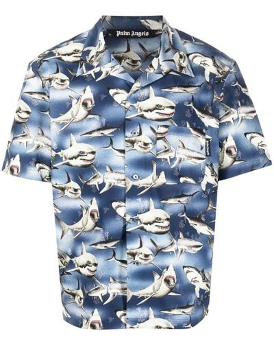 Palm Angels Sharks-print Bowling Shirt - Blue