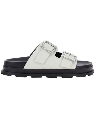Pollini White Sandals With Rhinestone Buckle In Hammered Leather Woman
