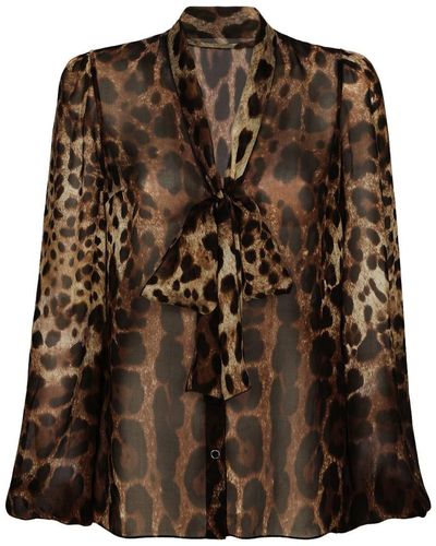 Dolce & Gabbana Leopard-Print Chiffon Pussy-Bow Shirt - Brown