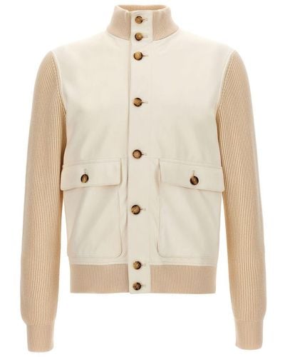 Brunello Cucinelli Leather Jacket With Knit Inserts - Natural