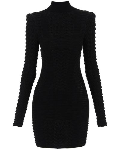 Balmain Turtleneck Mini Dress In Texturized Knit - Black