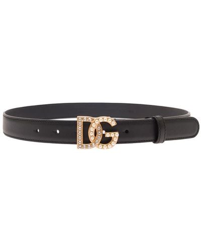 Dolce & Gabbana Belt With Dg Logo Buckle With Pearls And Rhinestones - Black