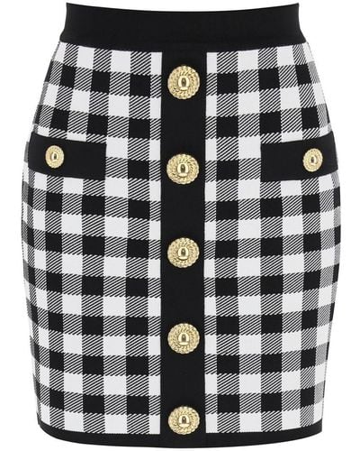 Balmain Gingham Knit Mini Skirt With Embossed Buttons - Black