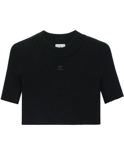 Courreges Ribbed Cropped T-Shirt - Black