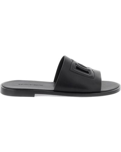 Dolce & Gabbana Leather Sliders With Logo - Black
