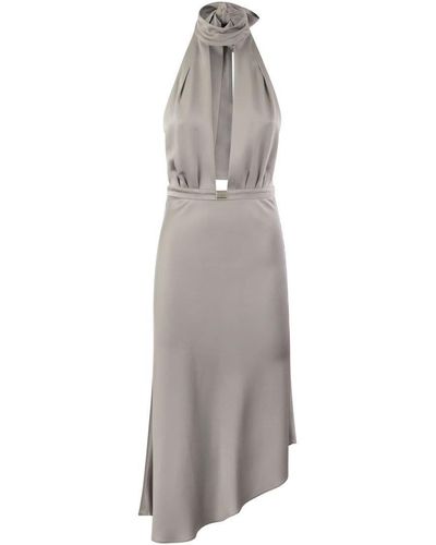 Elisabetta Franchi Satin Midi Dress With Asymmetric Skirt - Gray