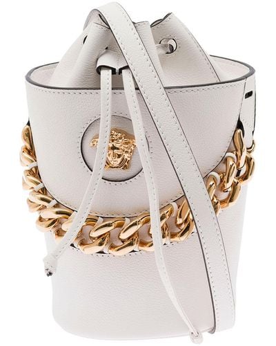 Versace Woman's White Leather Bucket Bag With Chain Detail