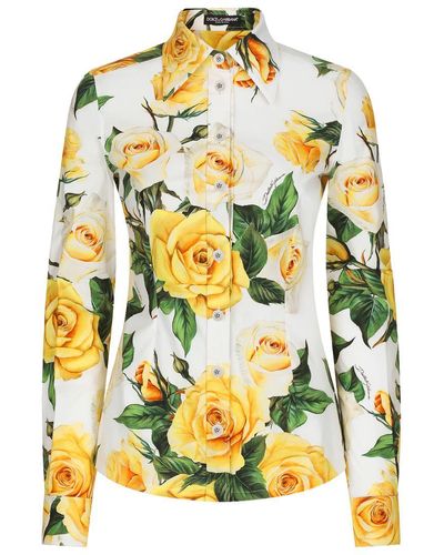 Dolce & Gabbana Long-Sleeved Cotton Shirt With Rose - Yellow