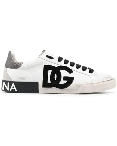 Dolce & Gabbana Portofino Vintage Logo-embossed Leather Low-top Trainers - White