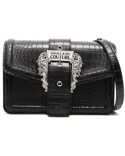 Versace Baroque Buckle Crocodile Bag - Black