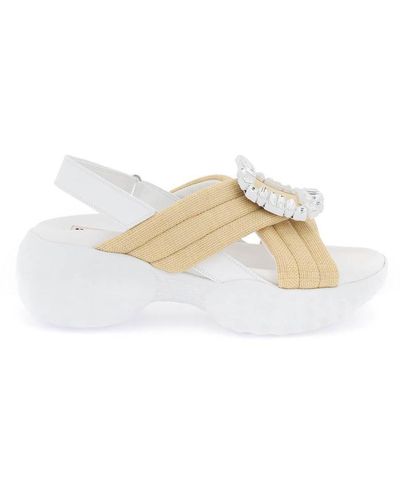 Roger Vivier Raffia Viv' Run Light Sandals With Rhinestone Buckle - White