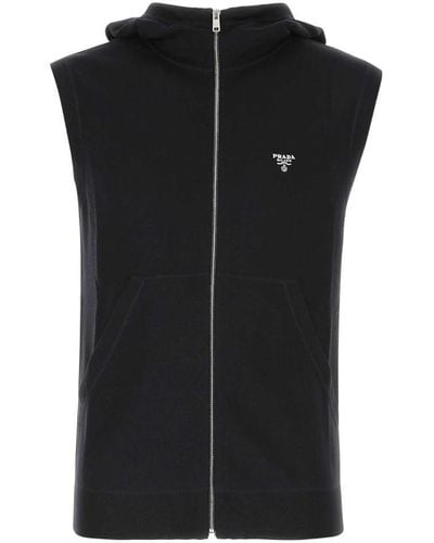 Prada Logo Detailed Zip-up Hooded Gilet - Black