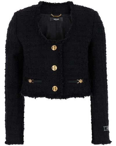 Versace Black Crop Jacket With Jewel Buttons In Tweed Woman