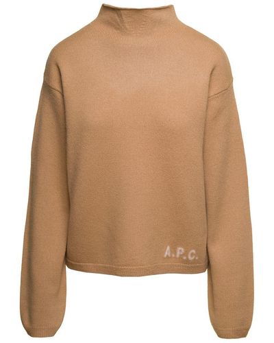 A.P.C. Beige Mock Neck Jumper With Embroidered Logo In Wool Woman - Natural