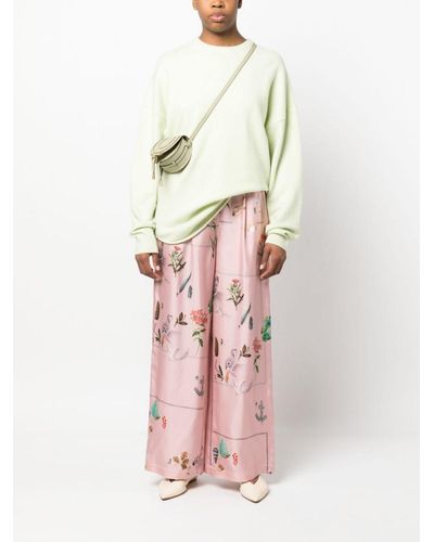 Lanvin Foliage-print Silk Palazzo Trousers - Pink