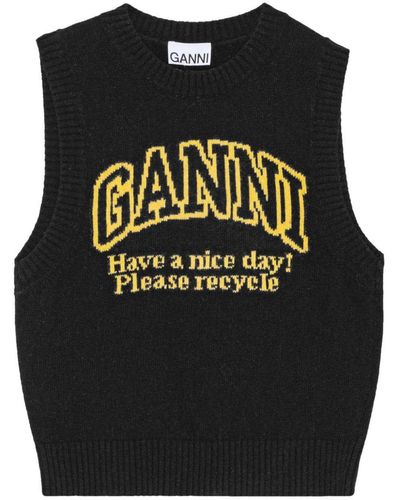 Ganni Intarsia-Knit Logo Crew-Neck Vest - Black