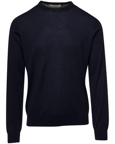 Laneus Blue Crewneck Sweater With Ribbed Trim In Wool And Silk Man