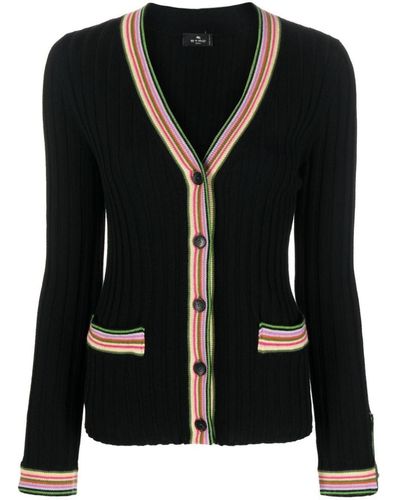 Etro Striped-border Ribbed Wool Cardigan - Black