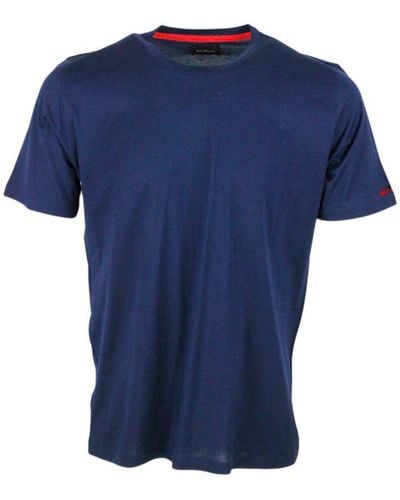 Kiton Short-sleeved Crew Neck T-shirt In Very Soft Cotton With Logo On The Sleeve - Blue