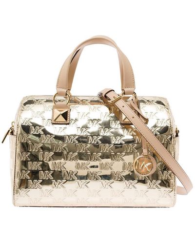 Michael Kors 'medium Grayson' Gold Satchel Bag With All-over Embossed Logo In Patent Woman - Metallic