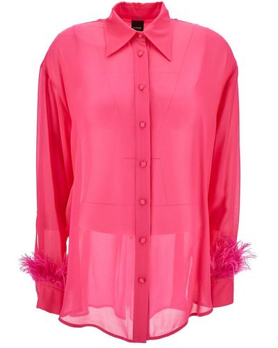 Pinko 'Circe' Fuchsia Semi-Sheer Shirt With Feathers On Cuffs - Pink