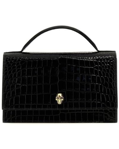 Alexander McQueen Skull Embossed Croc Leather Top Handle Bag - Black