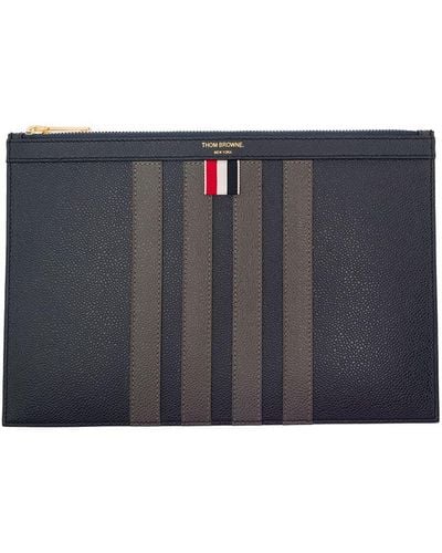 Thom Browne Small Document Holder W/ 4 Bar In Pebble Grain Leather - Grey