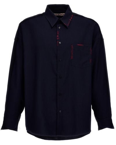 Marni Cool Wool Shirt With Contrast Stitching Sweater, Cardigans - Blue