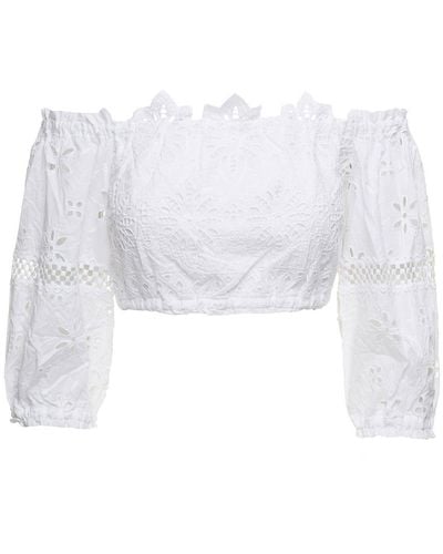 Temptation Positano Embroidered Off-shoulder Cropped Top In White Cotton Woman