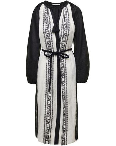 Tory Burch Black And White Embroidered Caftan With Tie And Tassels In Linen