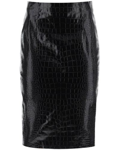 Versace Croco Effect Leather Pencil Skirt - Black
