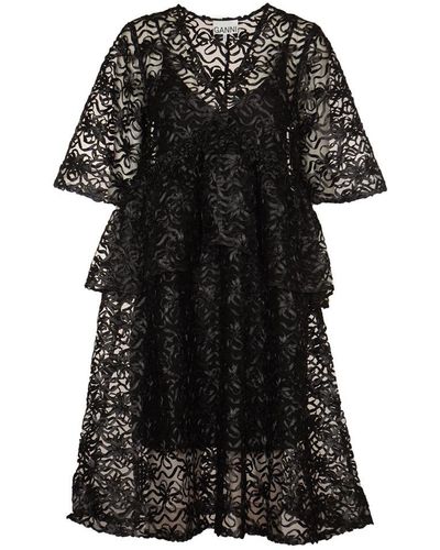 Ganni Ribbon Detail See-Through Layered Dress - Black