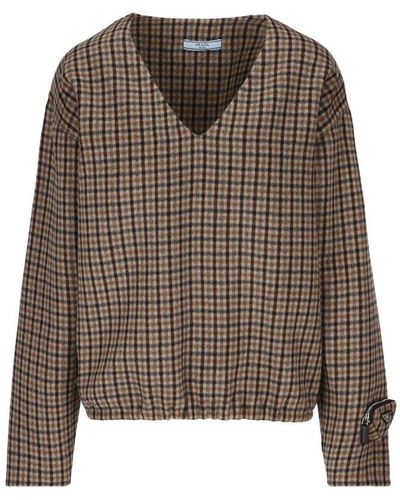 Prada Checked V-neck Top - Brown