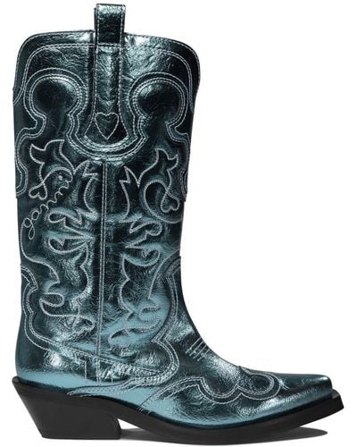 Ganni Western-Embroidered Boots - Green