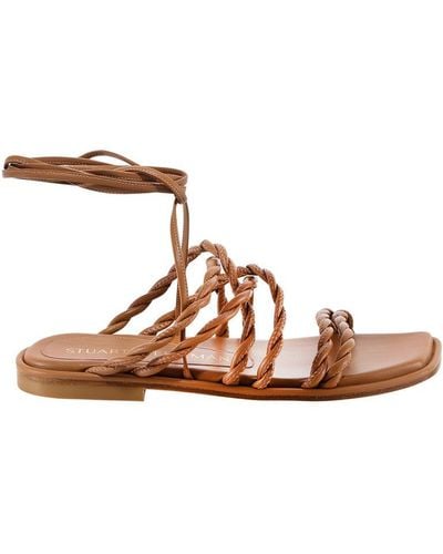 Stuart Weitzman Squared Toe Leather Printed Sandals - Brown
