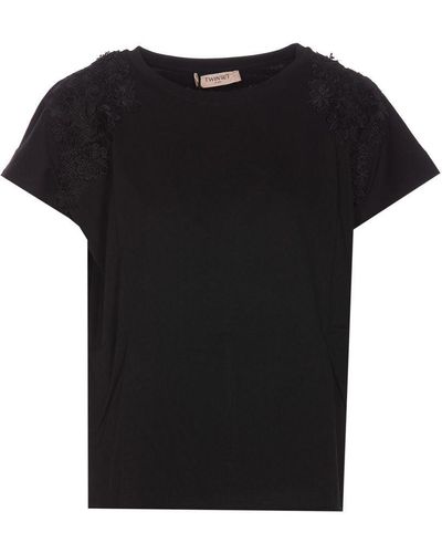 Twin Set Cotton T-Shirt With Flower Appliqué - Black