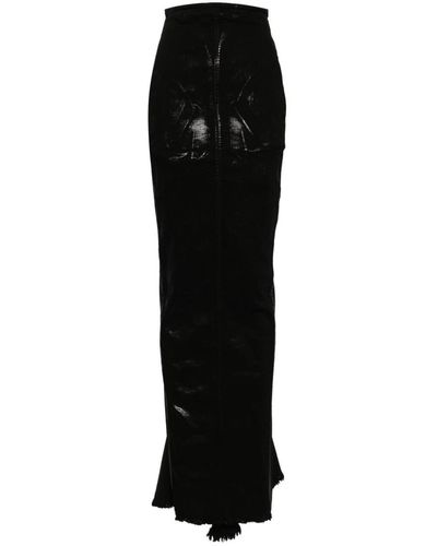 Rick Owens Denim Maxi Skirt With Metallic Finish - Black