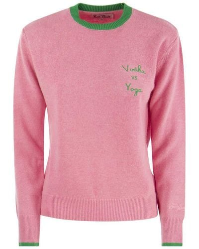 Mc2 Saint Barth Wool And Cashmere Blend Sweater With Vodka Vs Yoga Embroidery - Pink