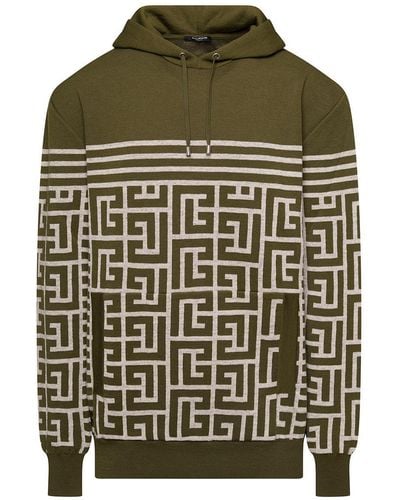 Balmain Military Green Hoodie With Monogram And Stripes In Wool And Linen Man